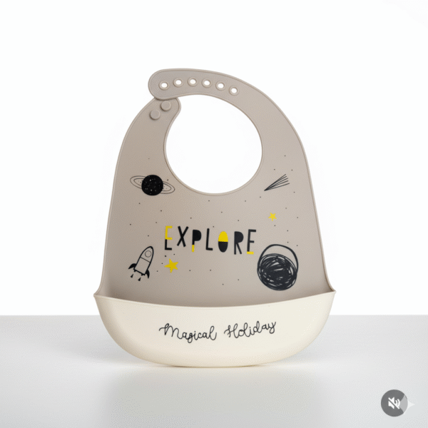 KAKAGUGU Space-Themed Silicone Baby Bib Waterproof Adjustable Soft Feeding Bib with Catch Pocket for Toddlers