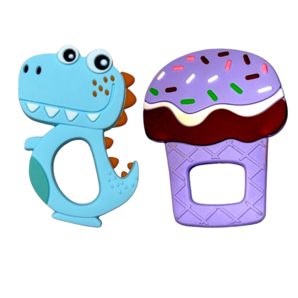 KAKAGUGU Soft Silicone Dino & Ice-cream-Shaped Teether and Soother for Babies 3+ Months – BPA-Free, Non-Toxic, Safe and Sensory Stimulating (Pack of 2)