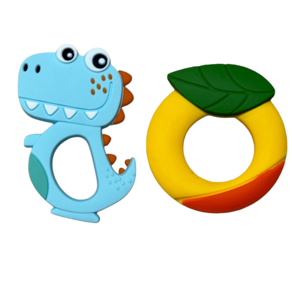 KAKAGUGU Soft Silicone Dino & Mango Shaped Teether and Soother for Babies 3+ Months – BPA-Free, Non-Toxic, Safe and Sensory Stimulating (Pack of 2)