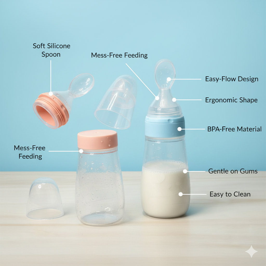 KAKAGUGU Soft Silicone Spoon Feeder Bottle for Babies 5+ Months – BPA-Free, Non-Toxic, Food-Grade, Multicolor, Safe and Ergonomic - Image 6