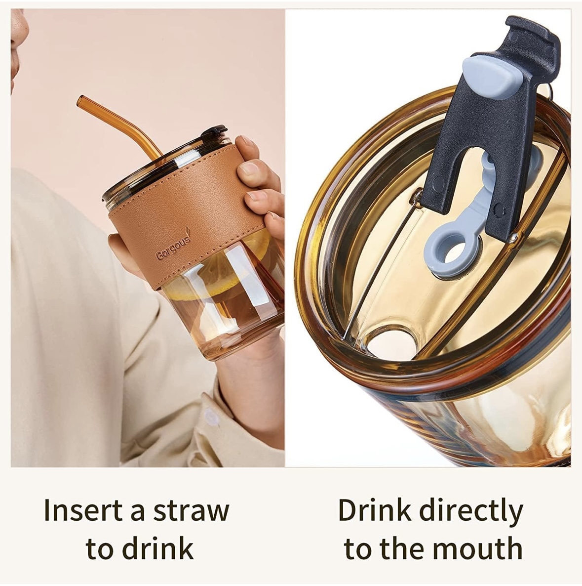 Elegant Glass Tumbler with glass Straw & leather grip Glass Tumbler- 300 ml - Image 3