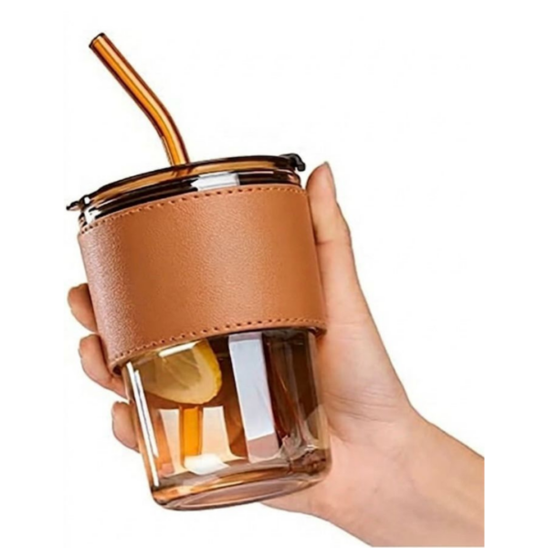 Elegant Glass Tumbler with glass Straw & leather grip Glass Tumbler- 300 ml