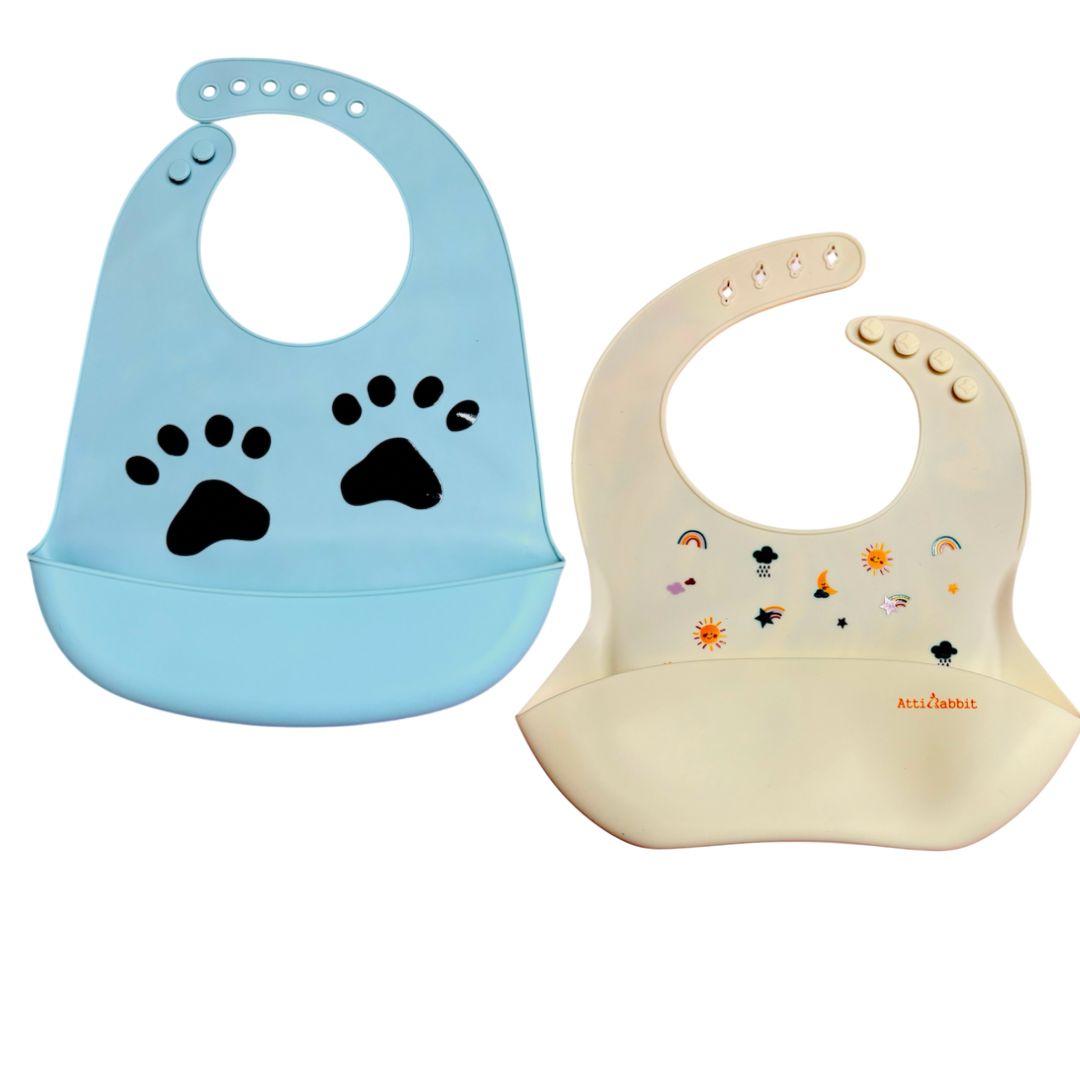 KAKAGUGU Pack of 2 Silicone Baby Bibs for Feeding and Weaning with Adjustable Neckline, Waterproof, Soft and Flexible – Off White & Sky Blue