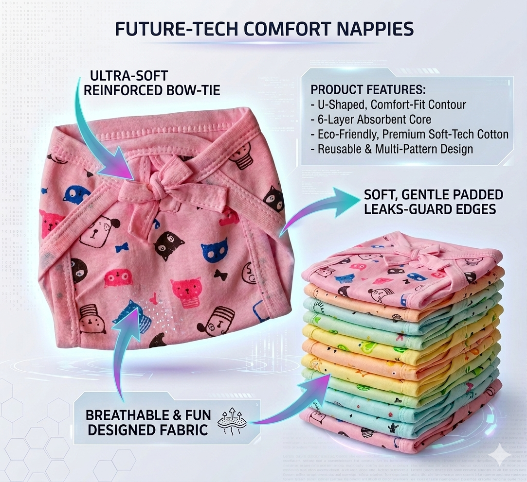Pack of 10 Pure Cotton Padded Nappy for Newborn Baby 0–3 Months | Double Layered, Extra Soft & Breathable Cotton Langot | Reusable & Washable Cotton Nappy for Baby Boy & Girl - Image 3