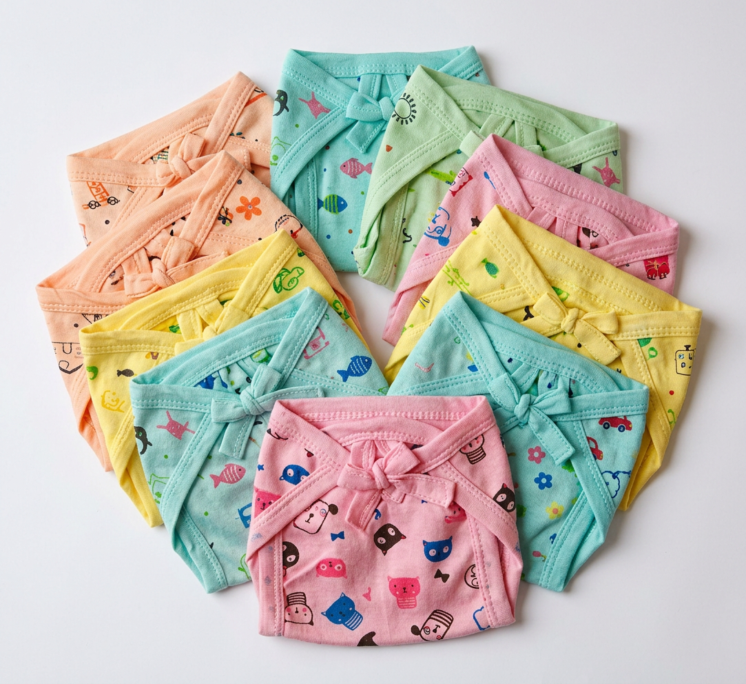 Pack of 10 Pure Cotton Padded Nappy for Newborn Baby 0–3 Months | Double Layered, Extra Soft & Breathable Cotton Langot | Reusable & Washable Cotton Nappy for Baby Boy & Girl
