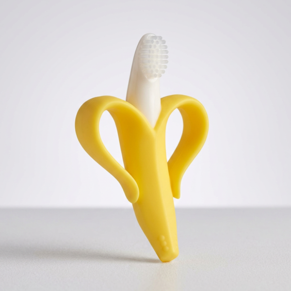KAKAGUGU Banana shape Silicone Teether, Soother & tongue cleaner for Babies 3+ Months – BPA-Free, Non-Toxic, 100% Safe for babies