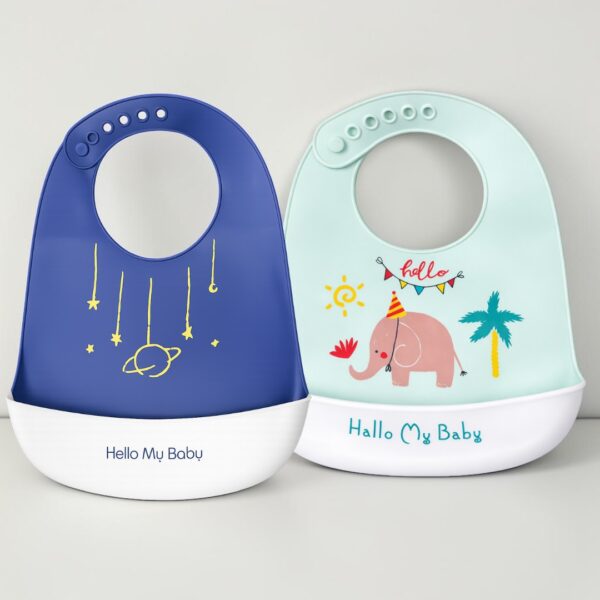 KAKAGUGU Pack of 2 Silicone Baby Bibs for Feeding and Weaning with Adjustable Neckline, Waterproof, Soft and Flexible – Blue & Sea Green